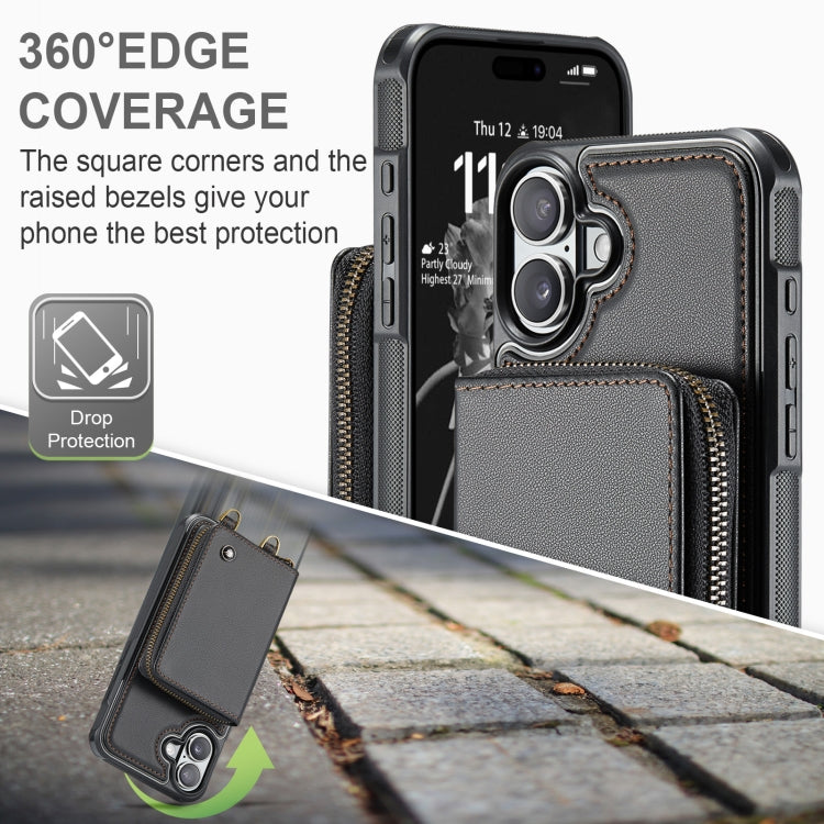 Pour iPhone 16 Plus Étui de téléphone en cuir avec portefeuille à fermeture éclair série JEEHOOD C22 avec double cordon (noir)