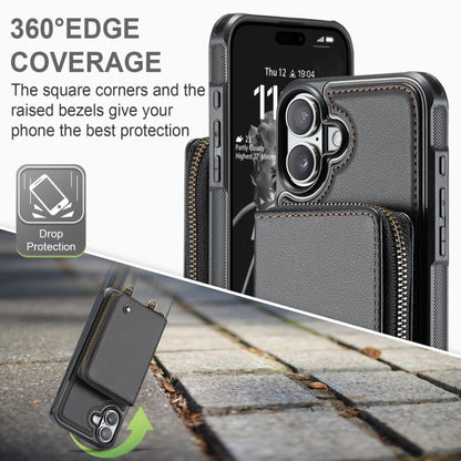 Pour iPhone 16 Plus Étui de téléphone en cuir avec portefeuille à fermeture éclair série JEEHOOD C22 avec double cordon (noir)