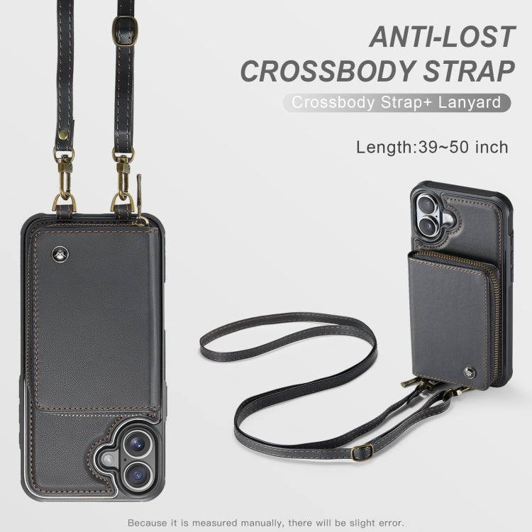 Pour iPhone 16 Plus Étui de téléphone en cuir avec portefeuille à fermeture éclair série JEEHOOD C22 avec double cordon (noir)