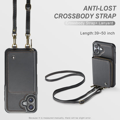 Pour iPhone 16 Plus Étui de téléphone en cuir avec portefeuille à fermeture éclair série JEEHOOD C22 avec double cordon (noir)