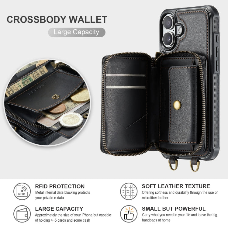Pour iPhone 16 Plus Étui de téléphone en cuir avec portefeuille à fermeture éclair série JEEHOOD C22 avec double cordon (noir)