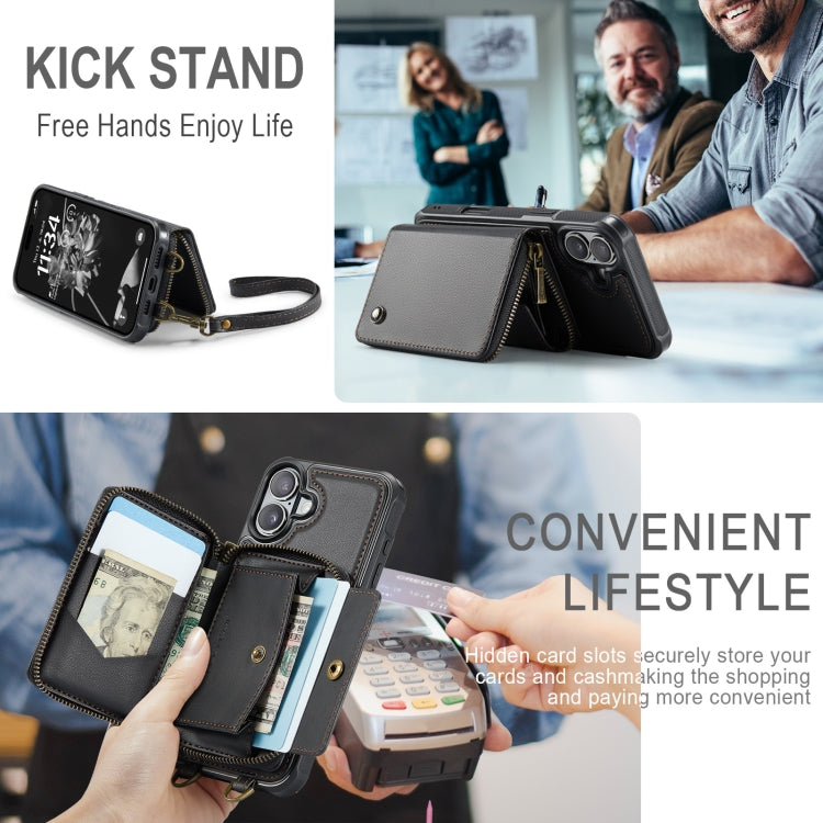 Pour iPhone 16 Plus Étui de téléphone en cuir avec portefeuille à fermeture éclair série JEEHOOD C22 avec double cordon (noir)