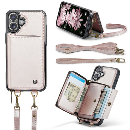 For iPhone 16 Plus JEEHOOD C22 Series Zipper Wallet Leather Phone Case with Dual Lanyard(Rose Gold)