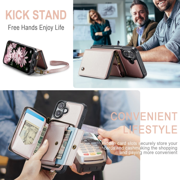 For iPhone 16 Plus JEEHOOD C22 Series Zipper Wallet Leather Phone Case with Dual Lanyard(Rose Gold)