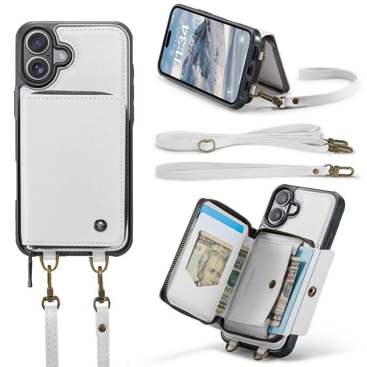 Pour iPhone 16 Plus Étui Portefeuille en Cuir JEEHOOD C22 Series avec Fermeture Éclair et Double Cordon (Blanc)