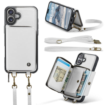 Pour iPhone 16 Plus Étui Portefeuille en Cuir JEEHOOD C22 Series avec Fermeture Éclair et Double Cordon (Blanc)
