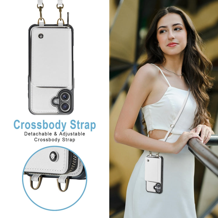 Pour iPhone 16 Plus Étui Portefeuille en Cuir JEEHOOD C22 Series avec Fermeture Éclair et Double Cordon (Blanc)