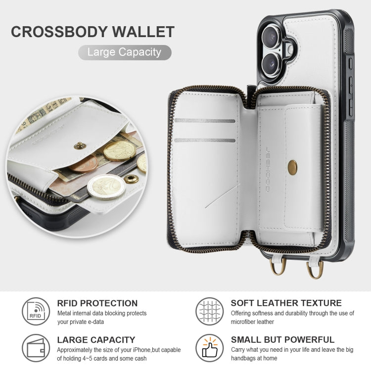 Pour iPhone 16 Plus Étui Portefeuille en Cuir JEEHOOD C22 Series avec Fermeture Éclair et Double Cordon (Blanc)
