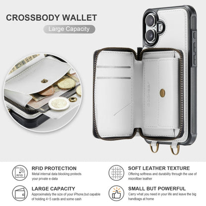 Pour iPhone 16 Plus Étui Portefeuille en Cuir JEEHOOD C22 Series avec Fermeture Éclair et Double Cordon (Blanc)