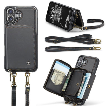 For iPhone 16 Plus JEEHOOD C22 Series Zipper Wallet Leather Phone Case with Dual Lanyard(Coffee)