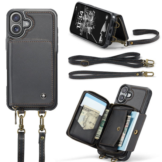 For iPhone 16 Plus JEEHOOD C22 Series Zipper Wallet Leather Phone Case with Dual Lanyard(Coffee)