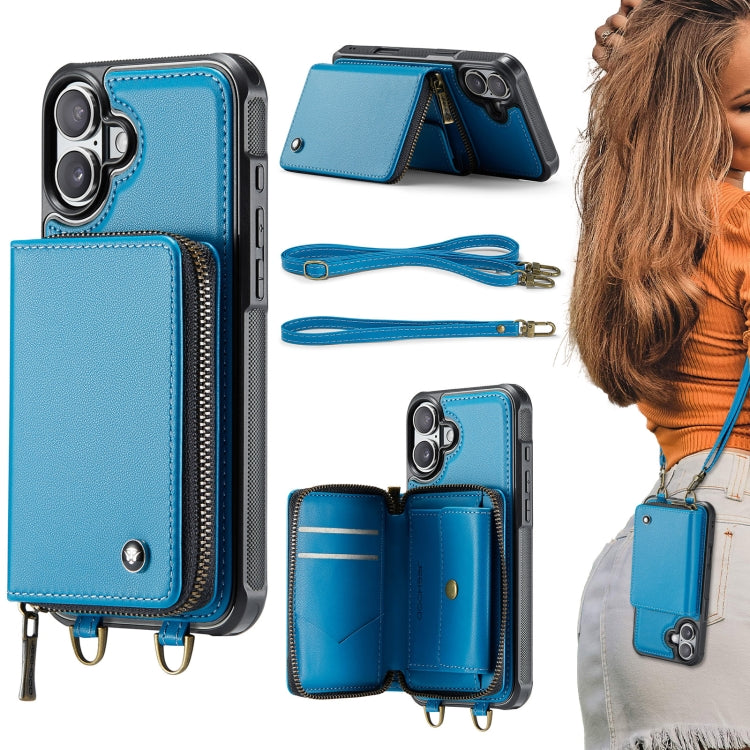 Pour iPhone 16 Étui portefeuille en cuir JEEHOOD C22 avec fermeture éclair et double cordon (bleu)