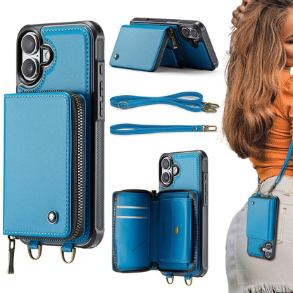 Pour iPhone 16 Étui portefeuille en cuir JEEHOOD C22 avec fermeture éclair et double cordon (bleu)