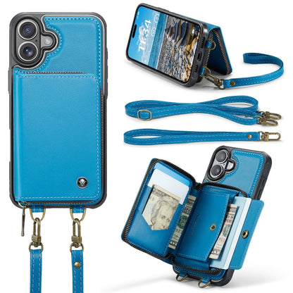 Pour iPhone 16 Étui portefeuille en cuir JEEHOOD C22 avec fermeture éclair et double cordon (bleu)