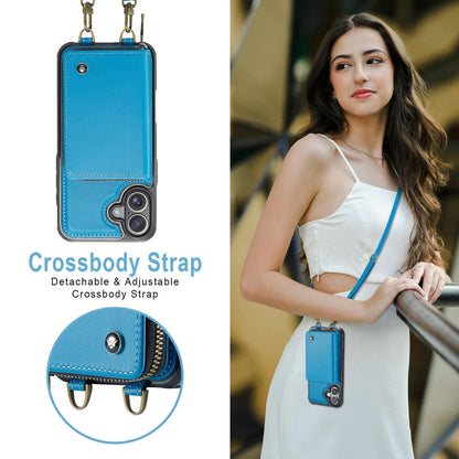 Pour iPhone 16 Étui portefeuille en cuir JEEHOOD C22 avec fermeture éclair et double cordon (bleu)