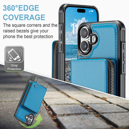 Pour iPhone 16 Étui portefeuille en cuir JEEHOOD C22 avec fermeture éclair et double cordon (bleu)