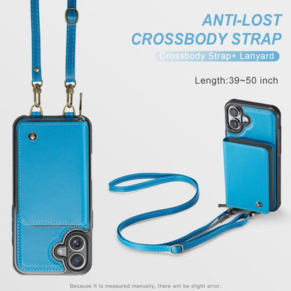 Pour iPhone 16 Étui portefeuille en cuir JEEHOOD C22 avec fermeture éclair et double cordon (bleu)