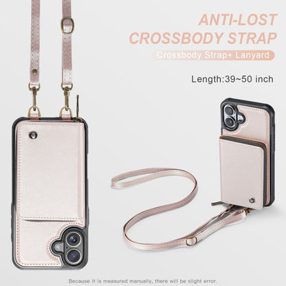 For iPhone 16 JEEHOOD C22 Series Zipper Wallet Leather Phone Case with Dual Lanyard(Rose Gold)