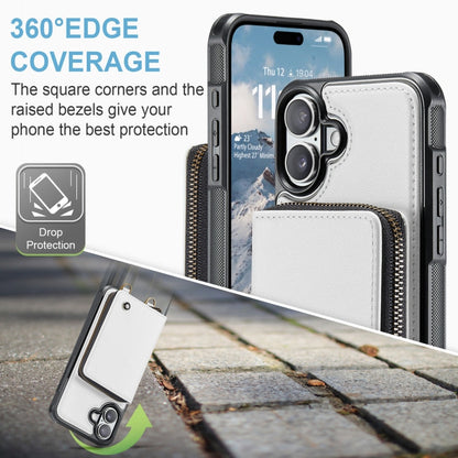 Pour iPhone 16 Étui en Cuir de Type Portefeuille à Fermeture Éclair Série C22 JEEHOOD avec Double Cordon (Blanc)