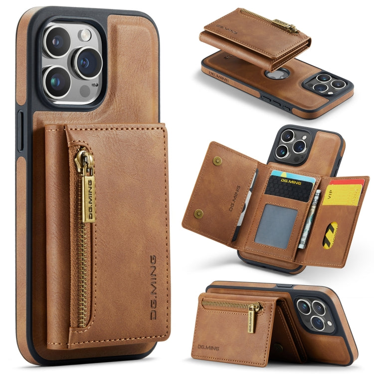 For iPhone 15 Pro Max DG.MING M5 Series Zip RFID Multi Card Detachable Leather Phone Case(Brown)