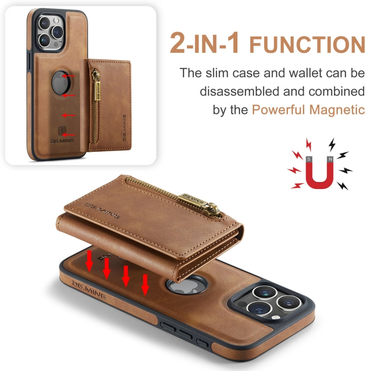 For iPhone 15 Pro Max DG.MING M5 Series Zip RFID Multi Card Detachable Leather Phone Case(Brown)