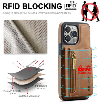 For iPhone 15 Pro Max DG.MING M5 Series Zip RFID Multi Card Detachable Leather Phone Case(Brown)