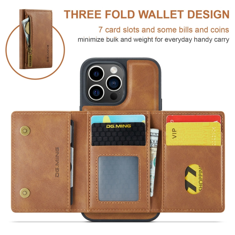 For iPhone 15 Pro Max DG.MING M5 Series Zip RFID Multi Card Detachable Leather Phone Case(Brown)