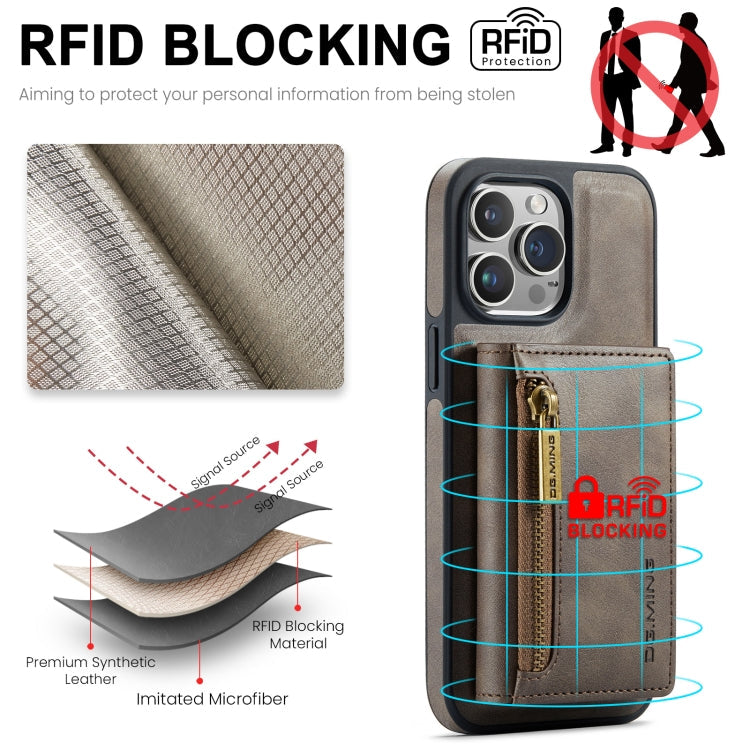 For iPhone 15 Pro DG.MING M5 Series Zip RFID Multi Card Detachable Leather Phone Case(Coffee)