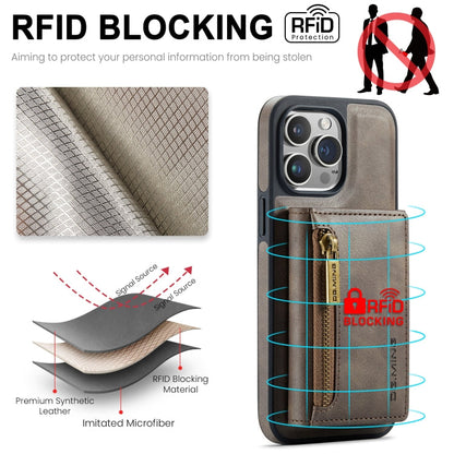 For iPhone 15 Pro DG.MING M5 Series Zip RFID Multi Card Detachable Leather Phone Case(Coffee)