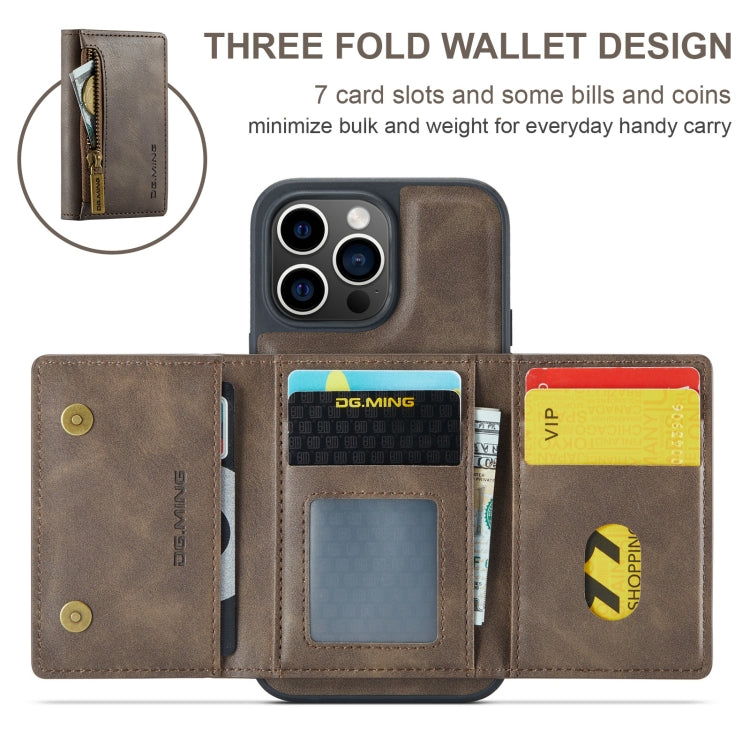 For iPhone 15 Pro DG.MING M5 Series Zip RFID Multi Card Detachable Leather Phone Case(Coffee)