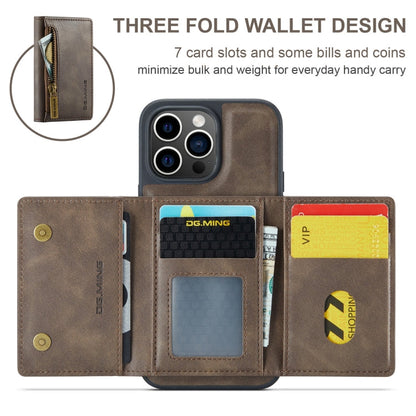 For iPhone 15 Pro DG.MING M5 Series Zip RFID Multi Card Detachable Leather Phone Case(Coffee)
