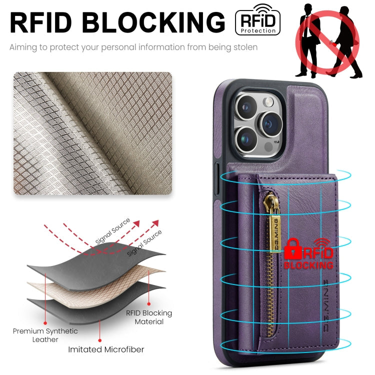 For iPhone 15 Pro DG.MING M5 Series Zip RFID Multi Card Detachable Leather Phone Case(Purple)
