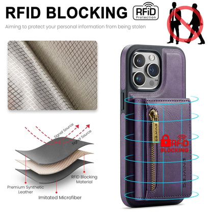 For iPhone 15 Pro DG.MING M5 Series Zip RFID Multi Card Detachable Leather Phone Case(Purple)