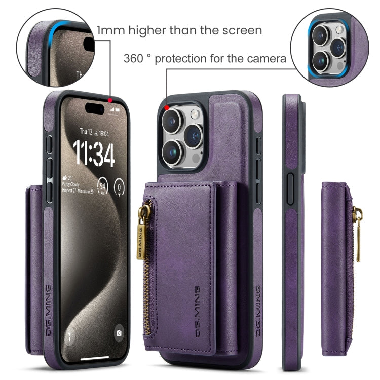 For iPhone 15 Pro DG.MING M5 Series Zip RFID Multi Card Detachable Leather Phone Case(Purple)