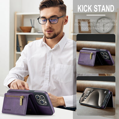 For iPhone 15 Pro DG.MING M5 Series Zip RFID Multi Card Detachable Leather Phone Case(Purple)