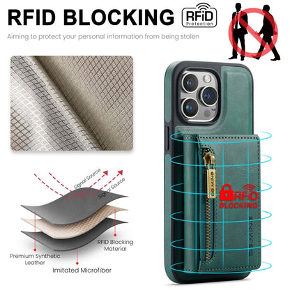 Pour iPhone 15 Pro DG.MING M5 Series Étui portefeuille en cuir détachable avec fermeture éclair et protection RFID (Vert)
