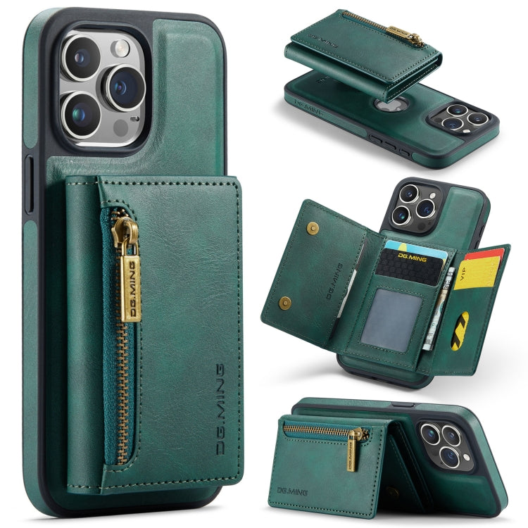 Pour iPhone 15 Pro DG.MING M5 Series Étui portefeuille en cuir détachable avec fermeture éclair et protection RFID (Vert)
