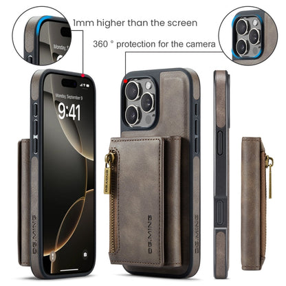 For iPhone 16 Pro DG.MING M5 Series Zip RFID Multi Card Detachable Leather Phone Case(Coffee)