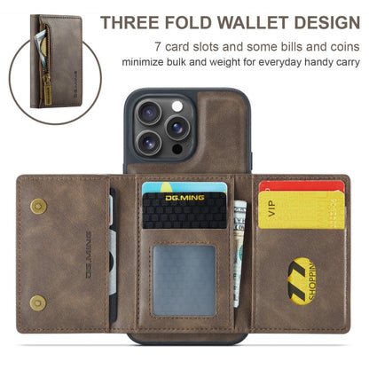 For iPhone 16 Pro DG.MING M5 Series Zip RFID Multi Card Detachable Leather Phone Case(Coffee)