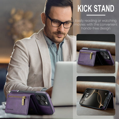For iPhone 16 Pro DG.MING M5 Series Zip RFID Multi Card Detachable Leather Phone Case(Purple)