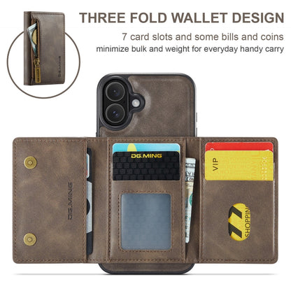 For iPhone 16 Plus DG.MING M5 Series Zip RFID Multi Card Detachable Leather Phone Case(Coffee)