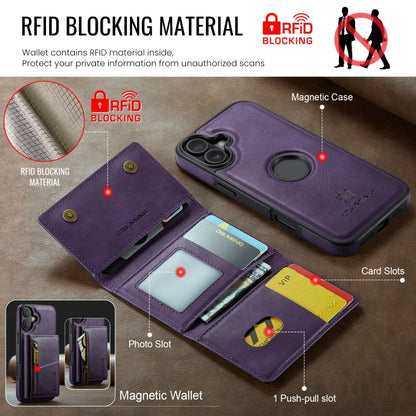 Pour iPhone 16 Plus DG.MING M5 Series Étui portefeuille détachable en cuir avec fermeture éclair RFID et multiples fentes pour cartes (Violet)