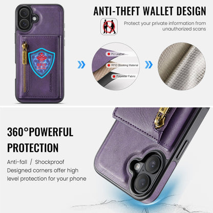 Pour iPhone 16 Plus DG.MING M5 Series Étui portefeuille détachable en cuir avec fermeture éclair RFID et multiples fentes pour cartes (Violet)