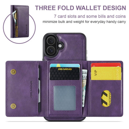 Pour iPhone 16 Plus DG.MING M5 Series Étui portefeuille détachable en cuir avec fermeture éclair RFID et multiples fentes pour cartes (Violet)