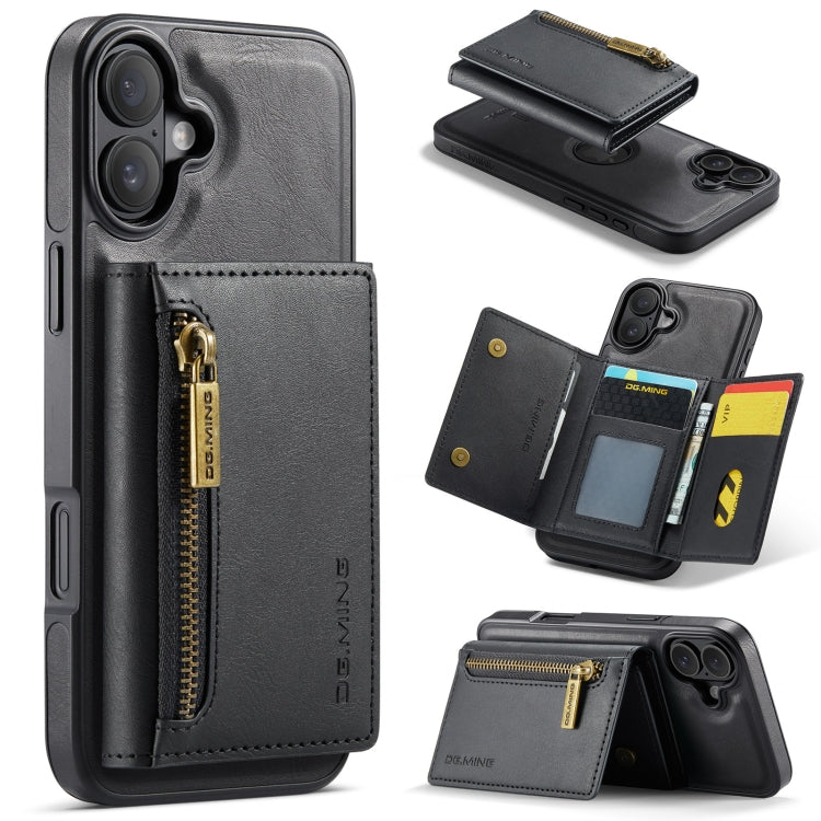 Pour iPhone 16 DG.MING M5 Series Étui de Téléphone en Cuir Détachable Anti-RFID Multi-Cartes avec Fermeture Éclair (Noir)