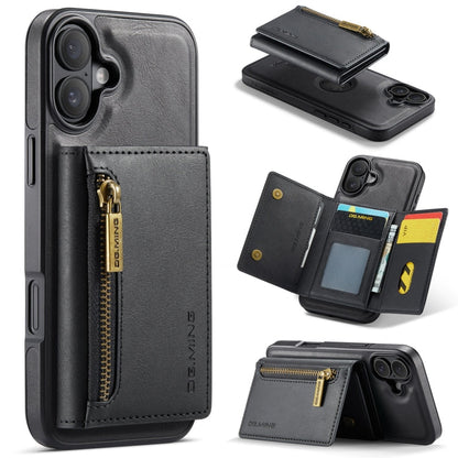 Pour iPhone 16 DG.MING M5 Series Étui de Téléphone en Cuir Détachable Anti-RFID Multi-Cartes avec Fermeture Éclair (Noir)