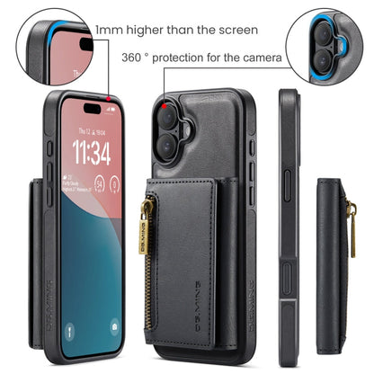 Pour iPhone 16 DG.MING M5 Series Étui de Téléphone en Cuir Détachable Anti-RFID Multi-Cartes avec Fermeture Éclair (Noir)