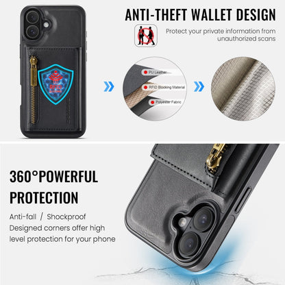 Pour iPhone 16 DG.MING M5 Series Étui de Téléphone en Cuir Détachable Anti-RFID Multi-Cartes avec Fermeture Éclair (Noir)