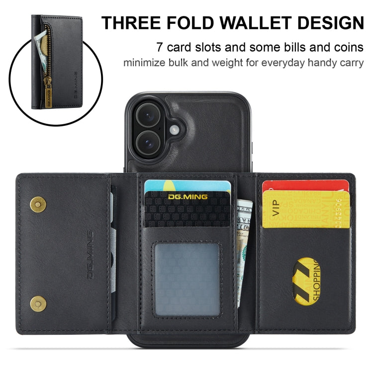 Pour iPhone 16 DG.MING M5 Series Étui de Téléphone en Cuir Détachable Anti-RFID Multi-Cartes avec Fermeture Éclair (Noir)