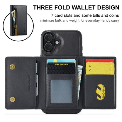 Pour iPhone 16 DG.MING M5 Series Étui de Téléphone en Cuir Détachable Anti-RFID Multi-Cartes avec Fermeture Éclair (Noir)